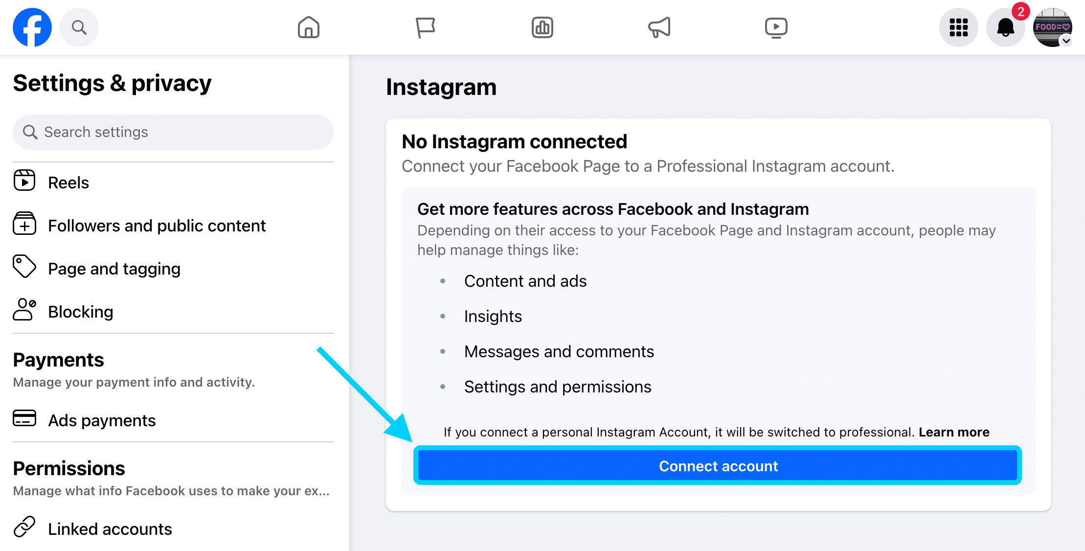 Facebook screen for connecting a professional Instagram account