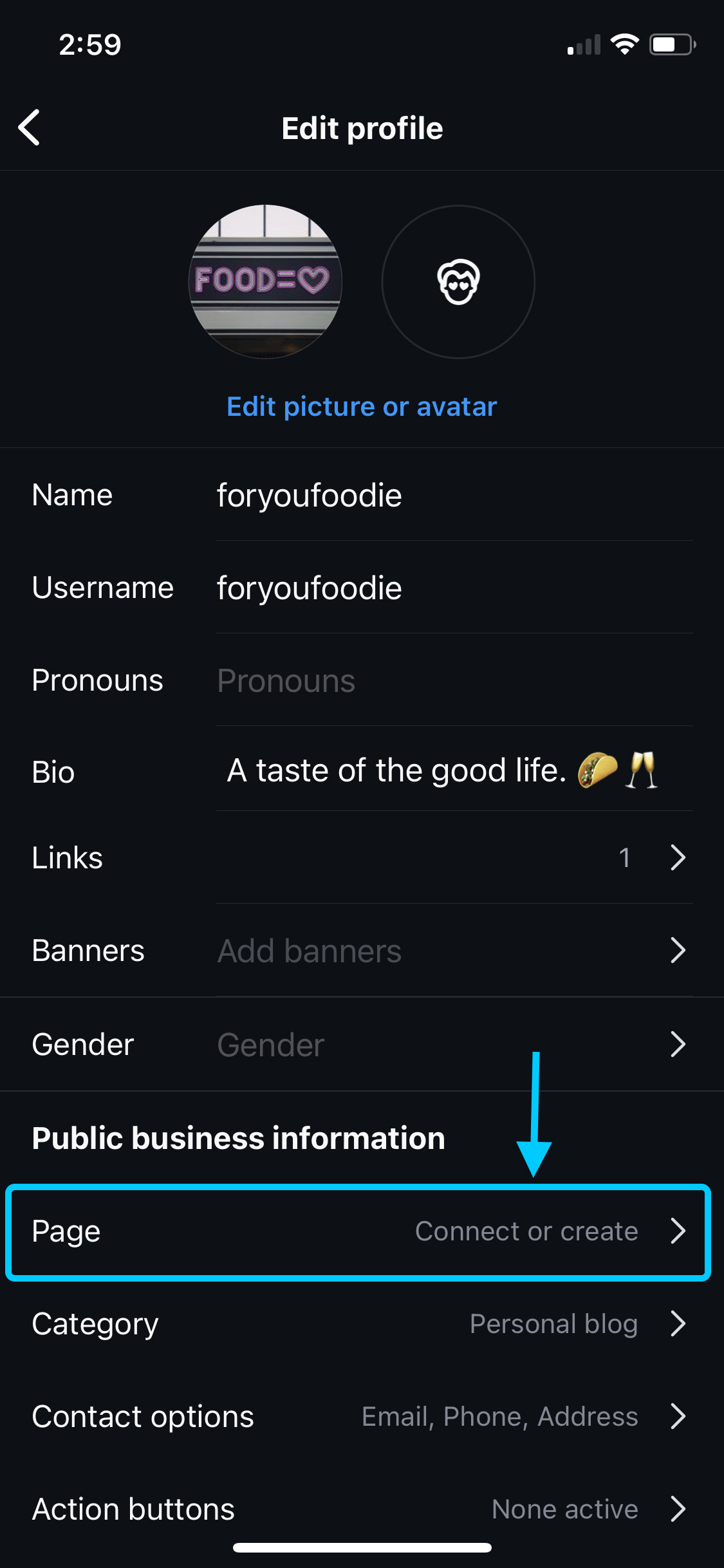 Instagram Edit profile with Page set to Connect or create