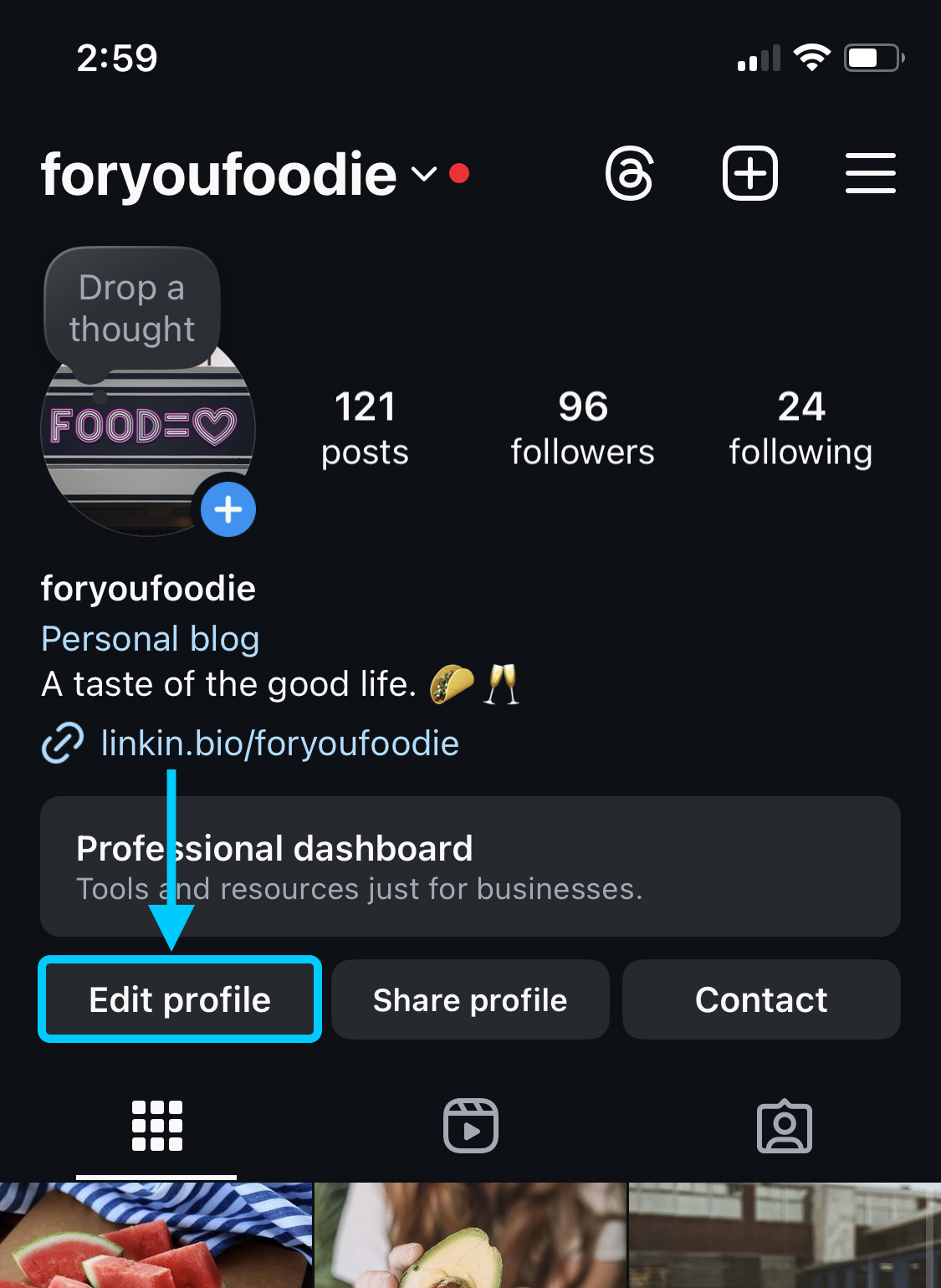 Instagram profile with Edit profile highlighted