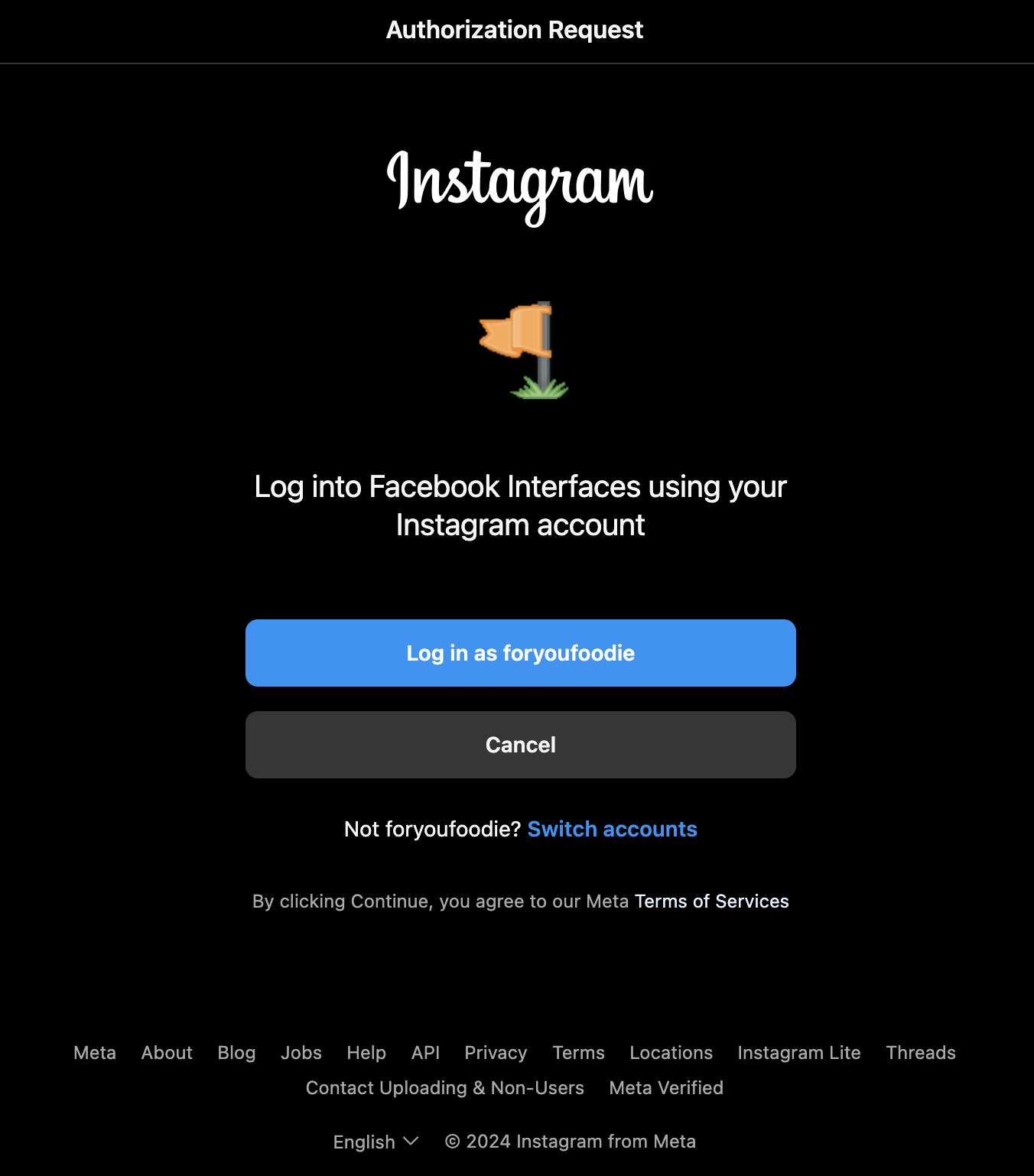 Instagram login prompt to authorize the Facebook Page