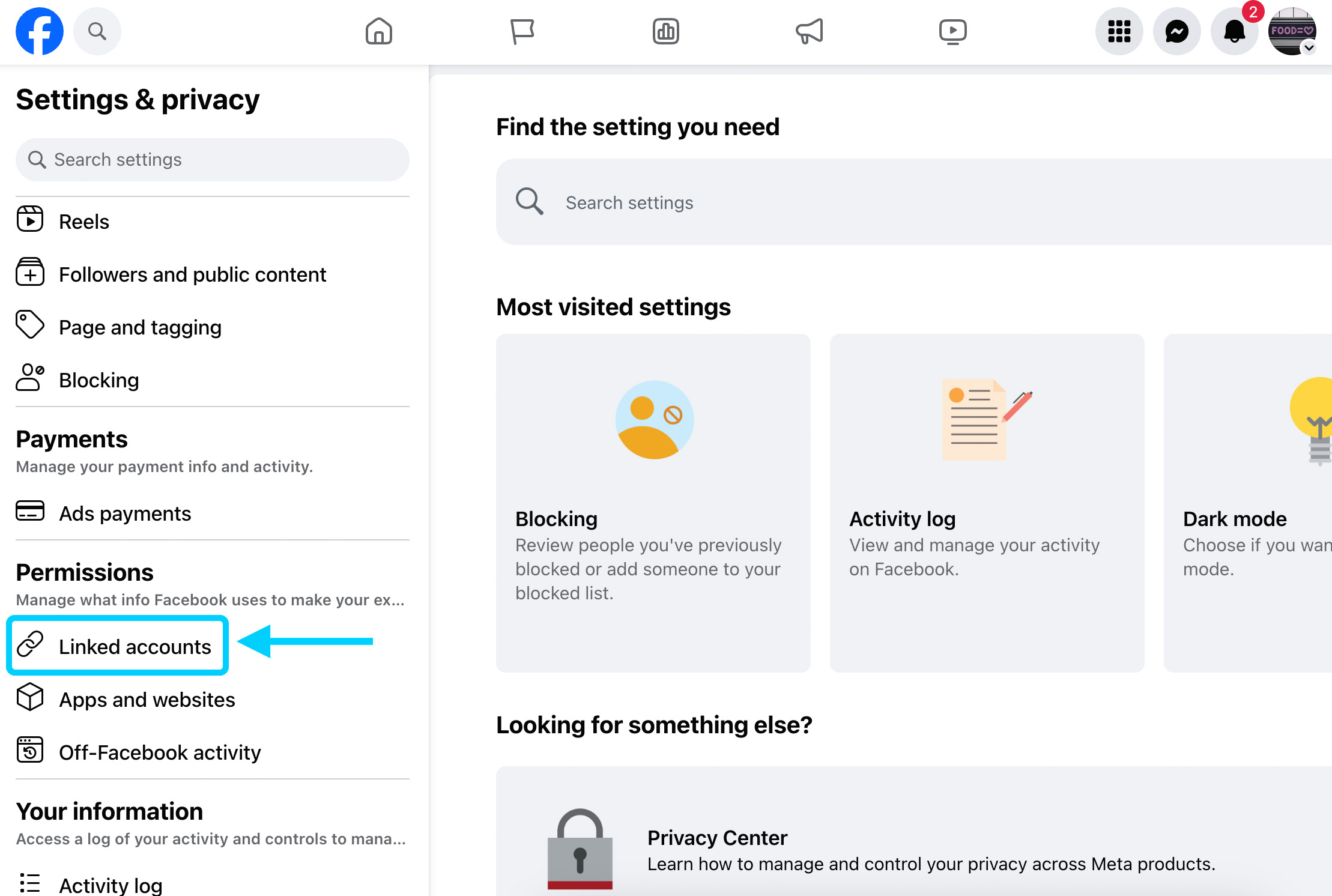 Facebook settings with Linked accounts highlighted