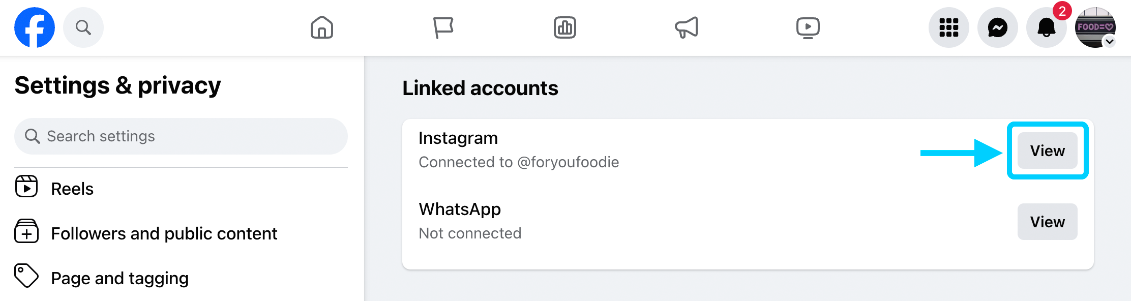 Linked accounts showing Instagram connected