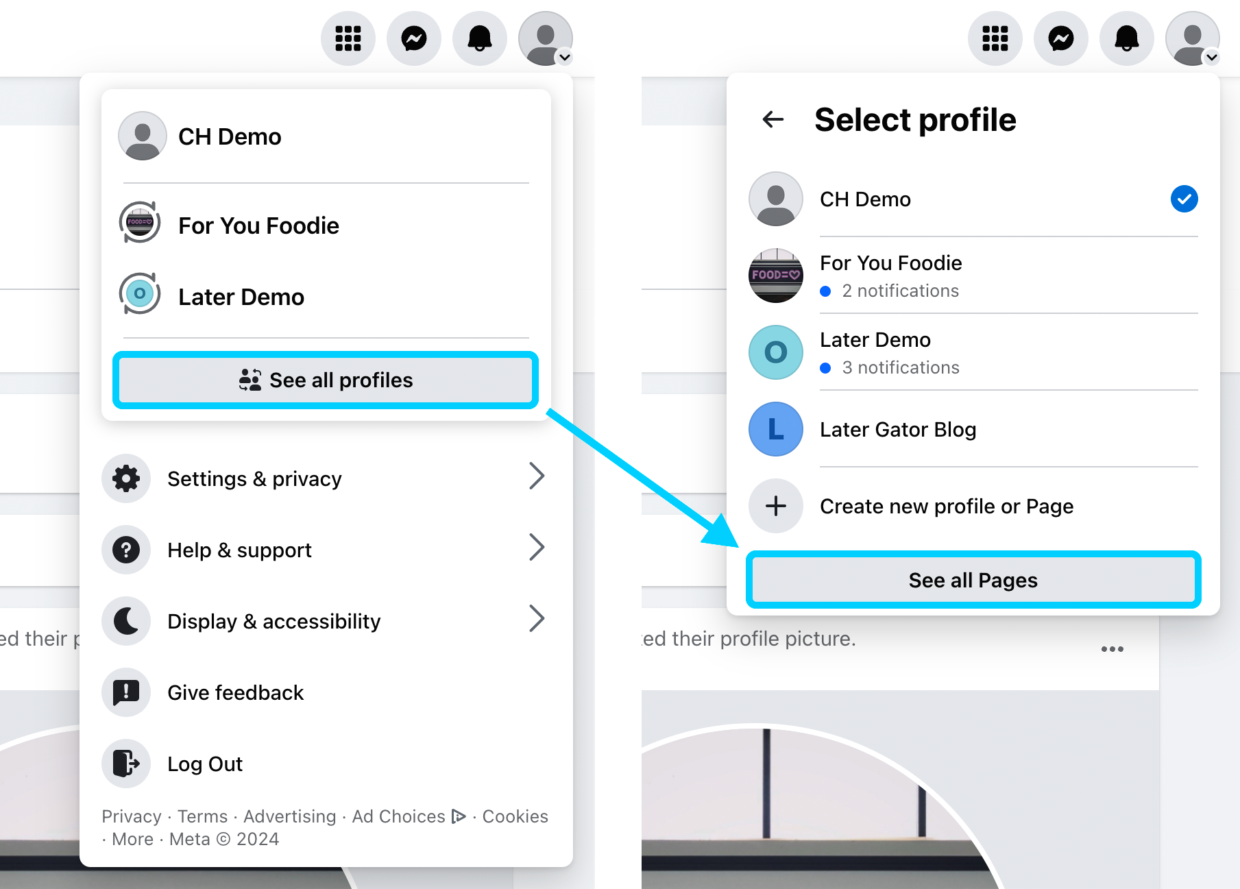 Facebook profile menu with See all profiles, then See all Pages
