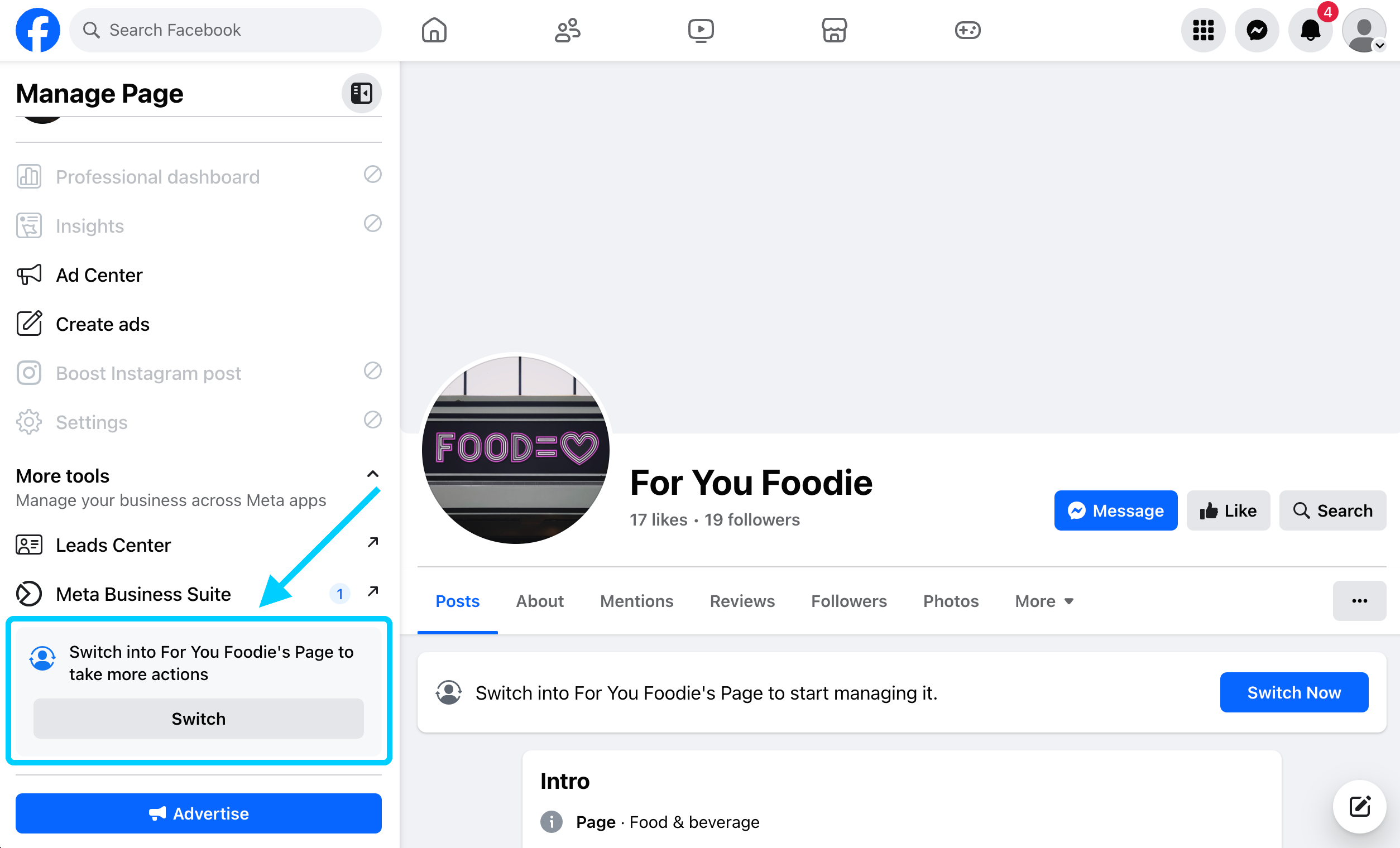 Facebook prompt to switch into the Page